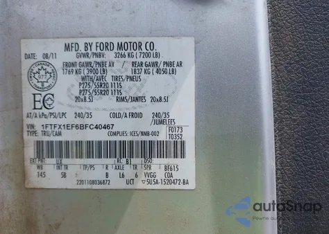 2011 Ford F-150 Fx4 z USA, uszkodzony, nr VIN 1FTFX1EF6BFC40467